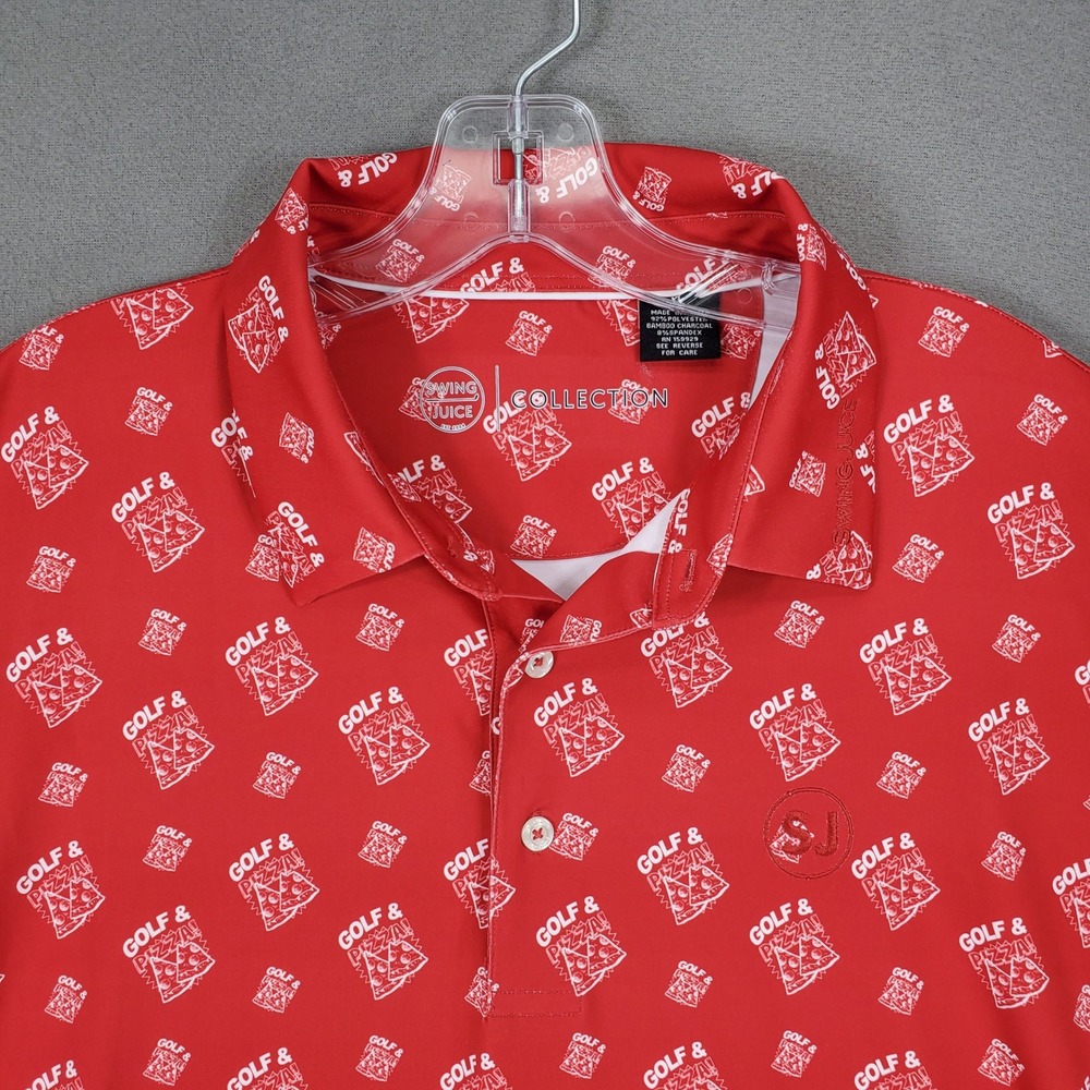 Swing Juice Polo Shirt Men XL Red Golf & Pizza Print Performance Stretch SJ Logo